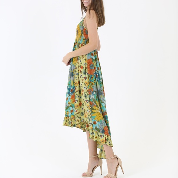 Green Floral Tiered High Low Boho Maxi Dress - Picture 2 of 2